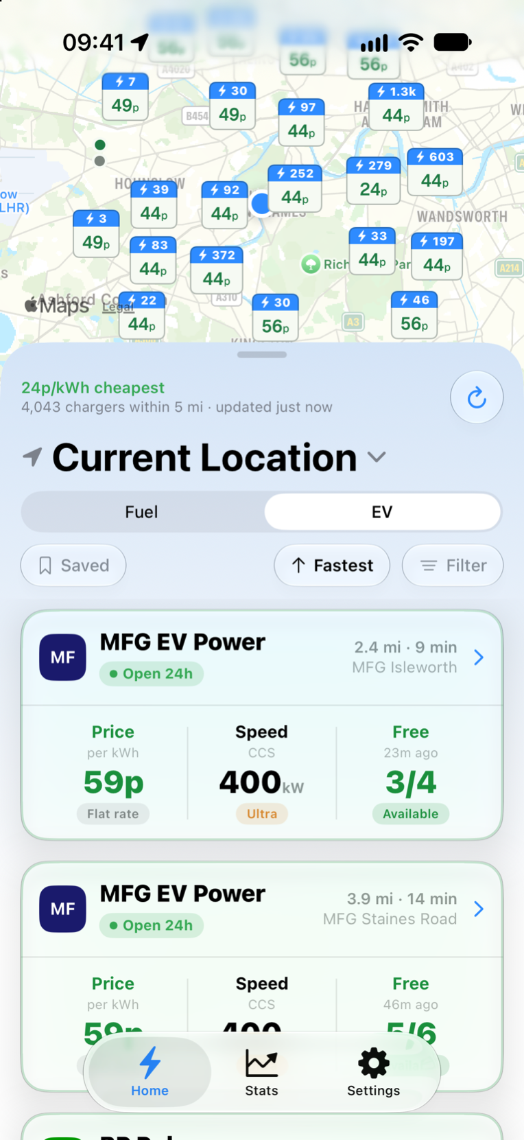 Nozzle's EV mode, showing a map of nearby chargers with prices per kWh and a list of charging locations.