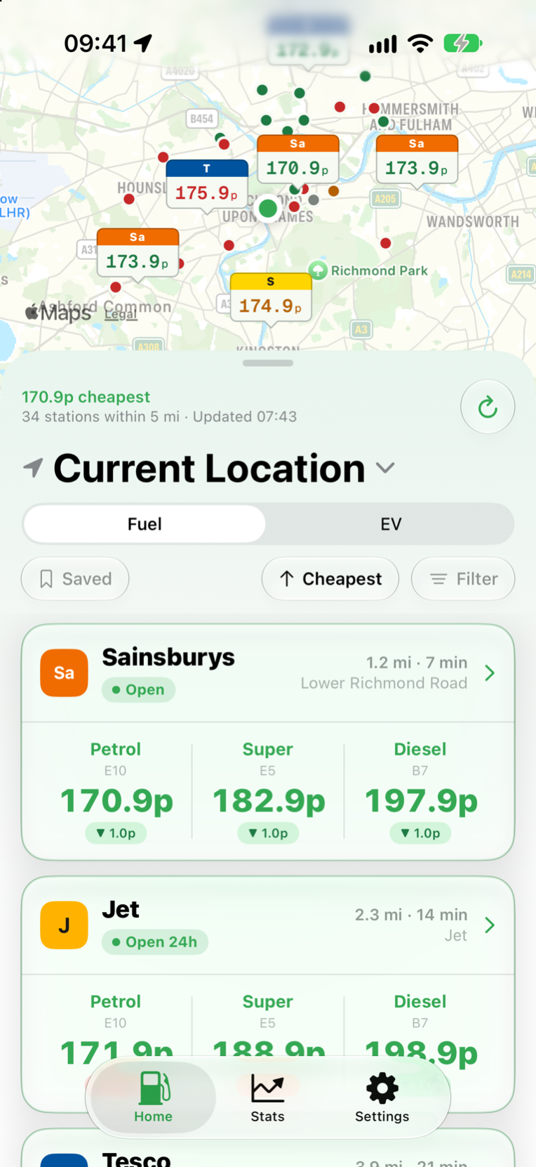 Nozzle's home screen on iPhone, with a map of nearby fuel stations and their prices above a list of the cheapest stations nearby.